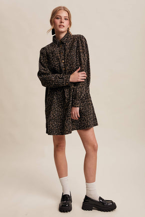 Charcoal Leopard Denim Shirt Dress