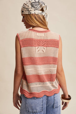 Coral Red Striped Crochet Tie-Front Knit Vest