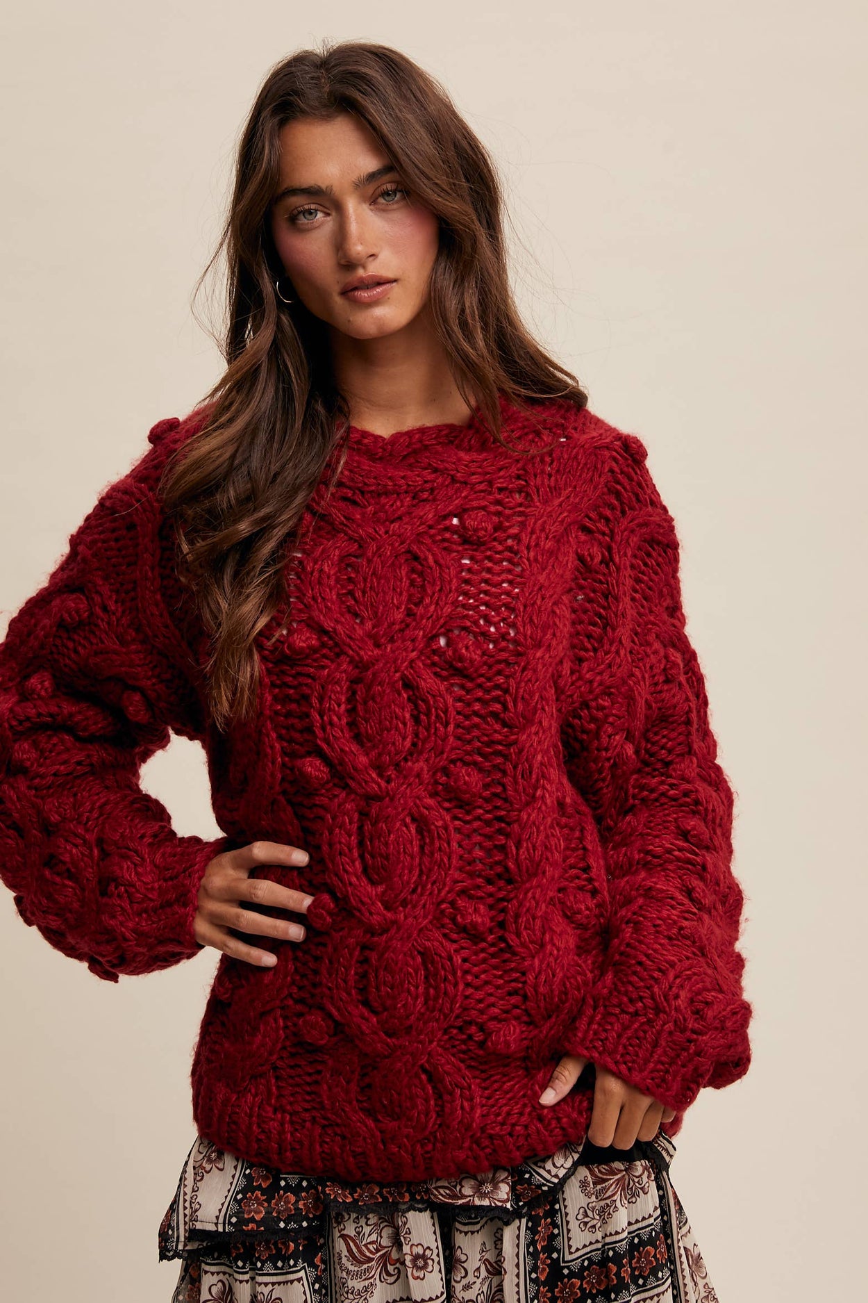 Red Chunky Cable Knit Sweater
