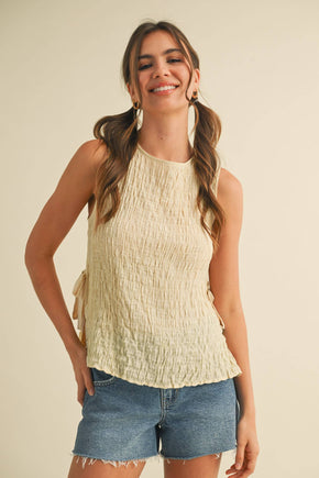 Custard Cream Crinkle Texture Side Tying Tank