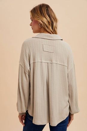 Almond Quarter Split Ribbed Polo Top