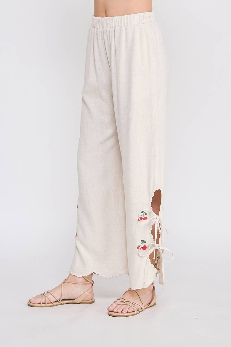 Soft Linen Cherry Embroidered Pants