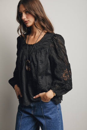 Black Embroidered Lace Puff Sleeve Blouse