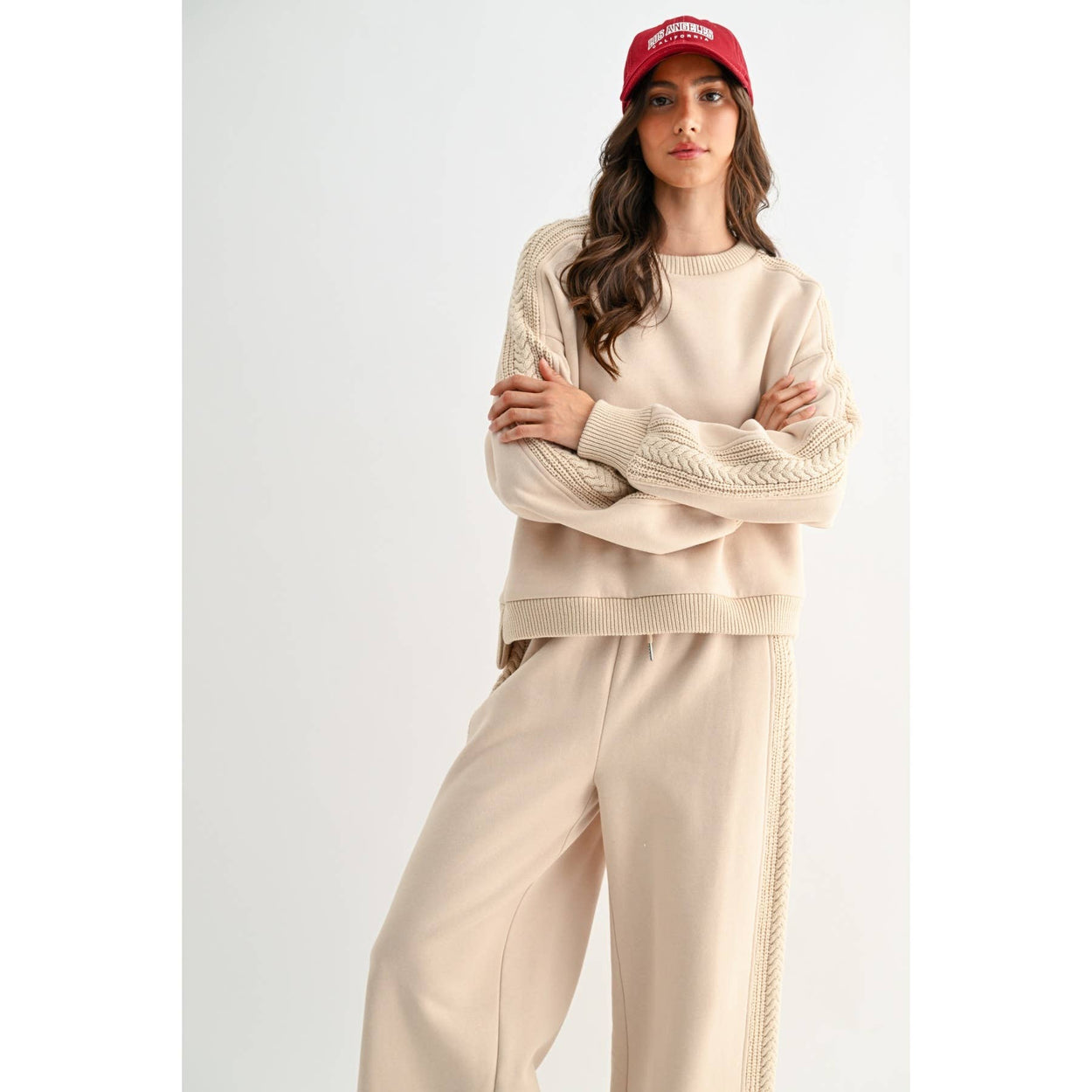 Beige Cable Knit Trim Bottoms