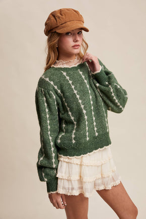 Green Textured Jacquard Knit Crew Sweater
