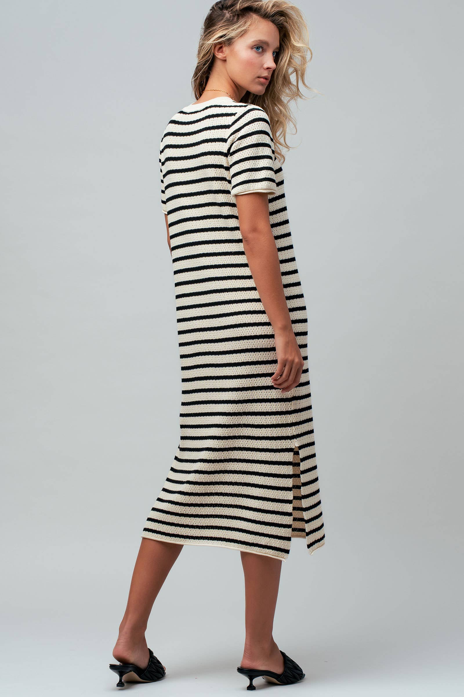 Ivory & Black Striped Crochet Knit Dress