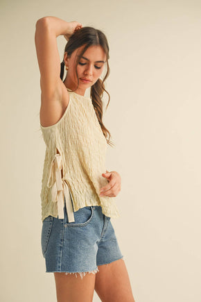 Custard Cream Crinkle Texture Side Tying Tank