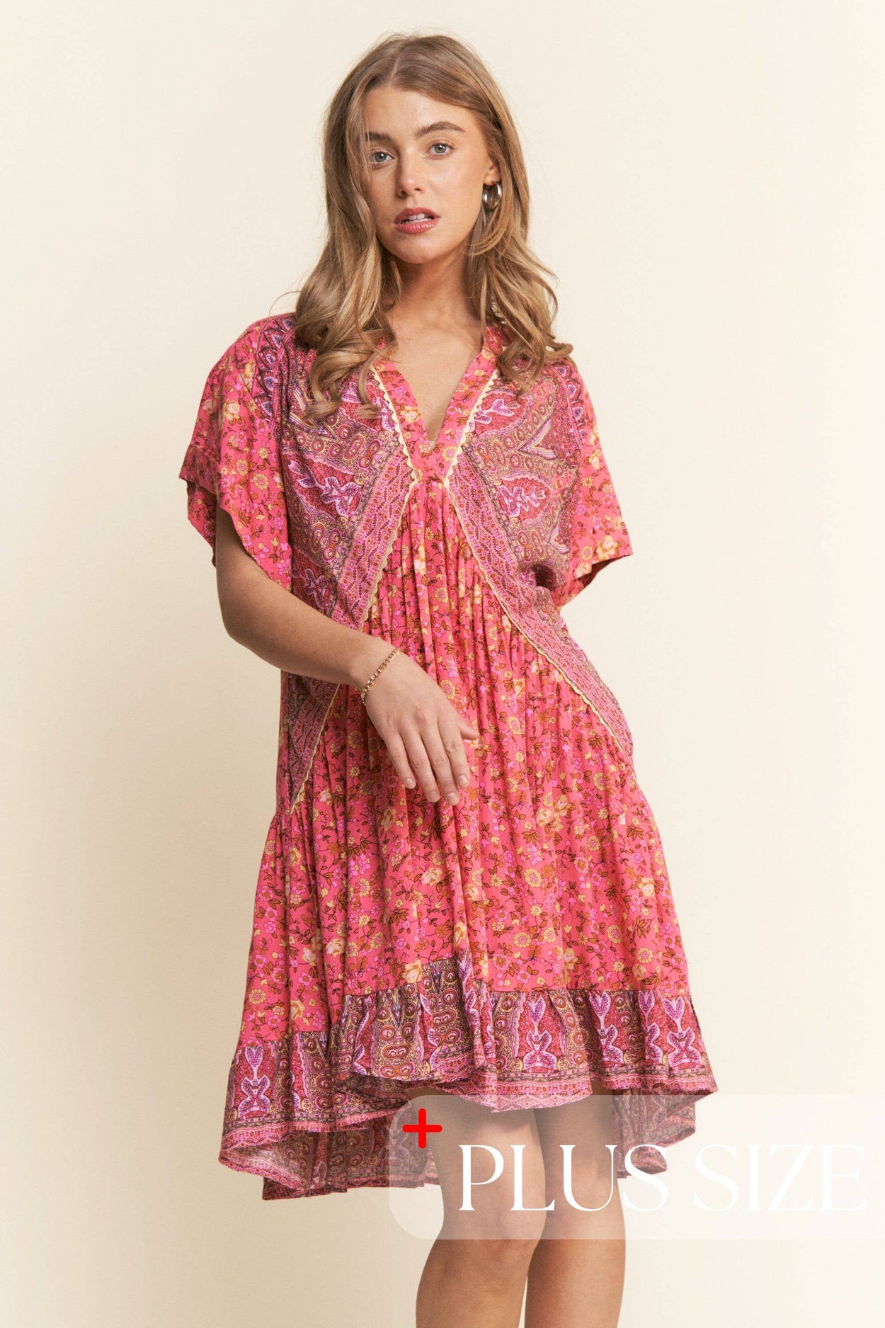Floral Multi Print Tiered Tunic V Neck Dress