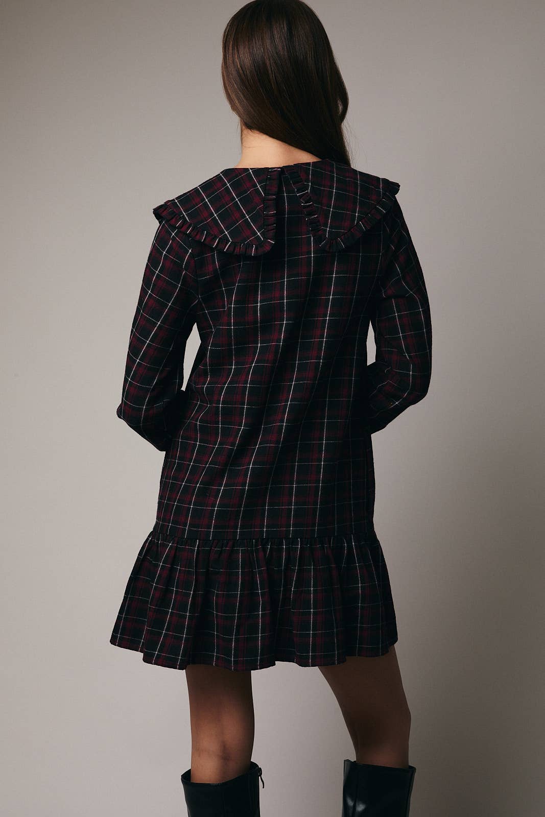 Black Burgundy Plaid Long Sleeve Shirt Mini Dress