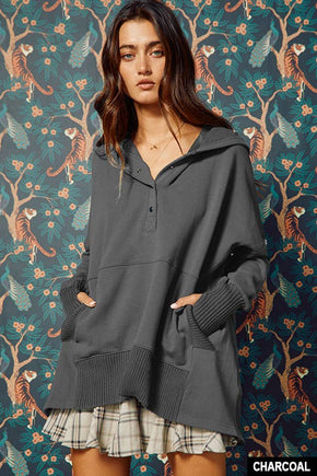 Cream French Terry Oversized Solid Hoodie Top