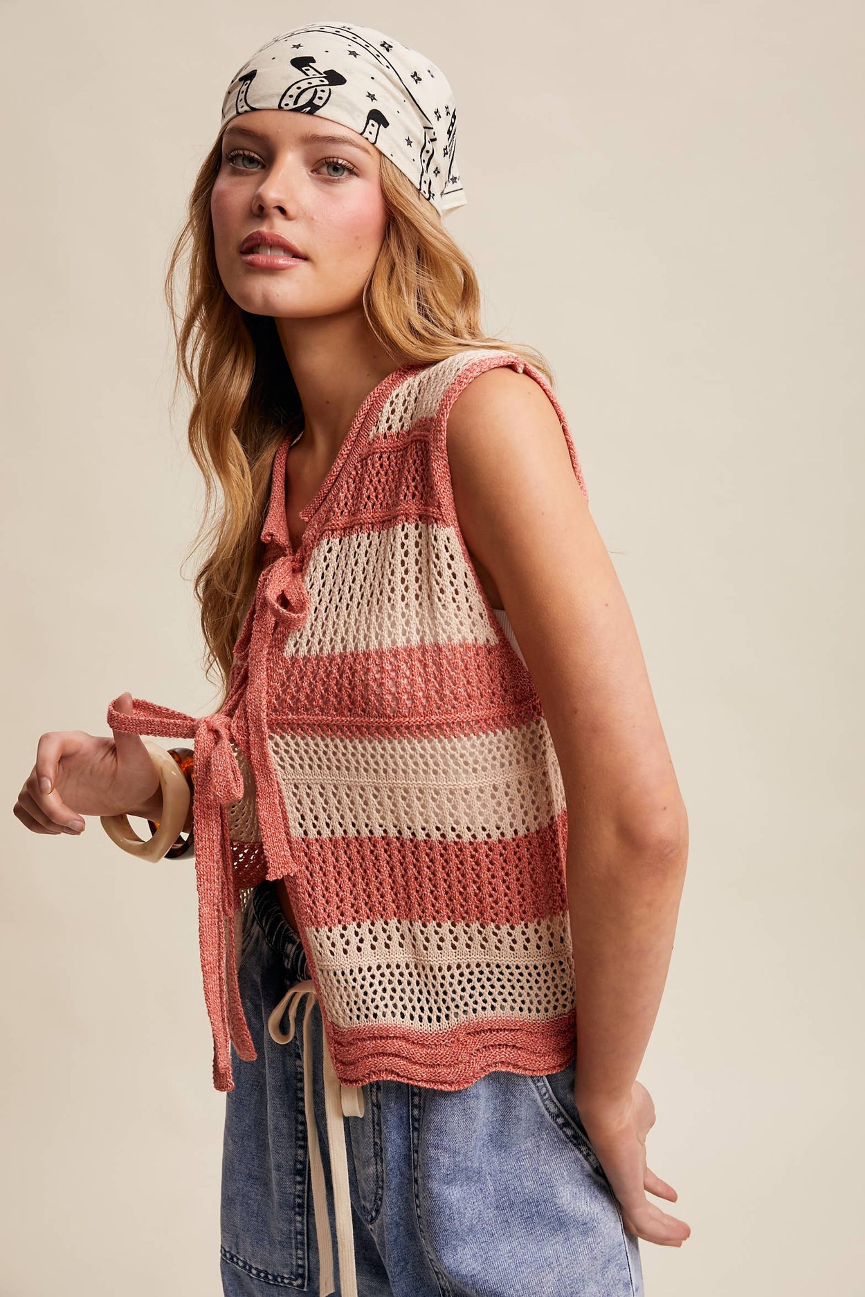 Coral Red Striped Crochet Tie-Front Knit Vest