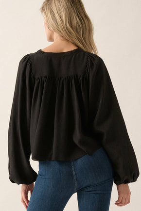 Black Crepe Pleated Yoke Peasant Top