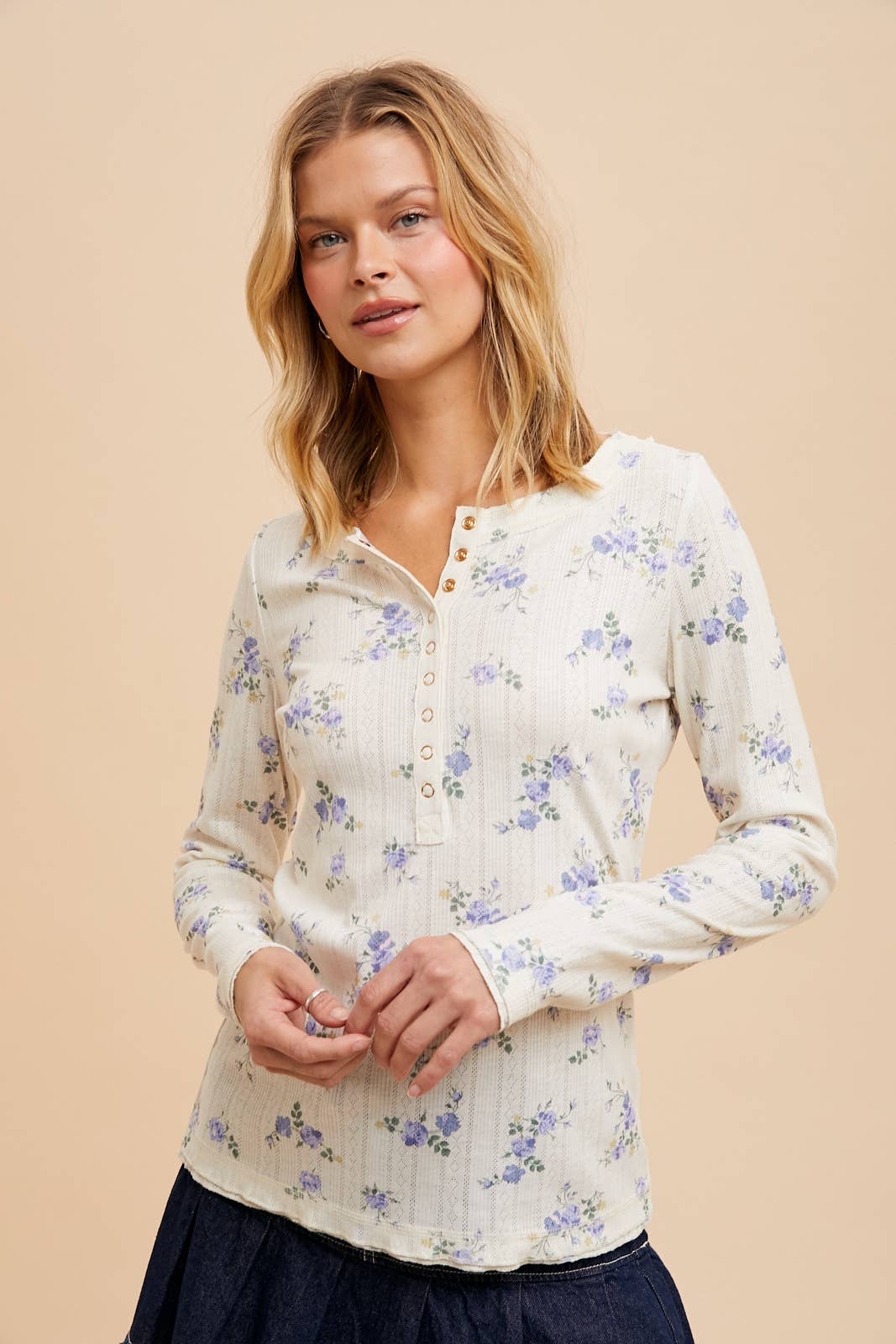 White & Blue Floral Henley Snap Long Sleeve Top