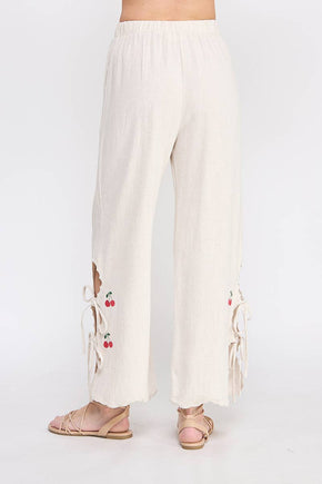 Soft Linen Cherry Embroidered Pants