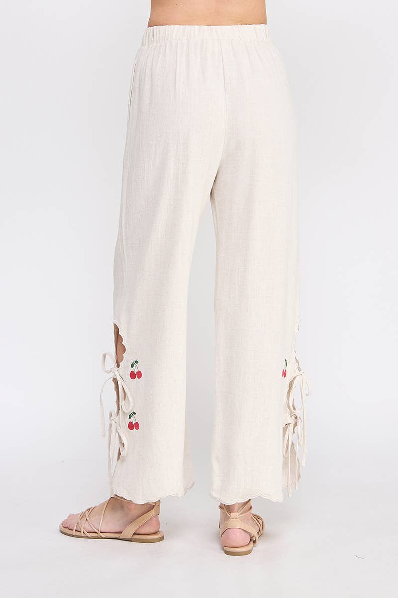 Soft Linen Cherry Embroidered Pants