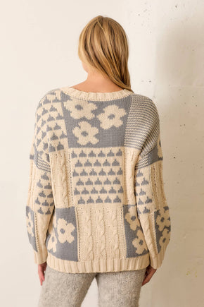 Plus Cream & Grey Jacquard Pullover Sweater