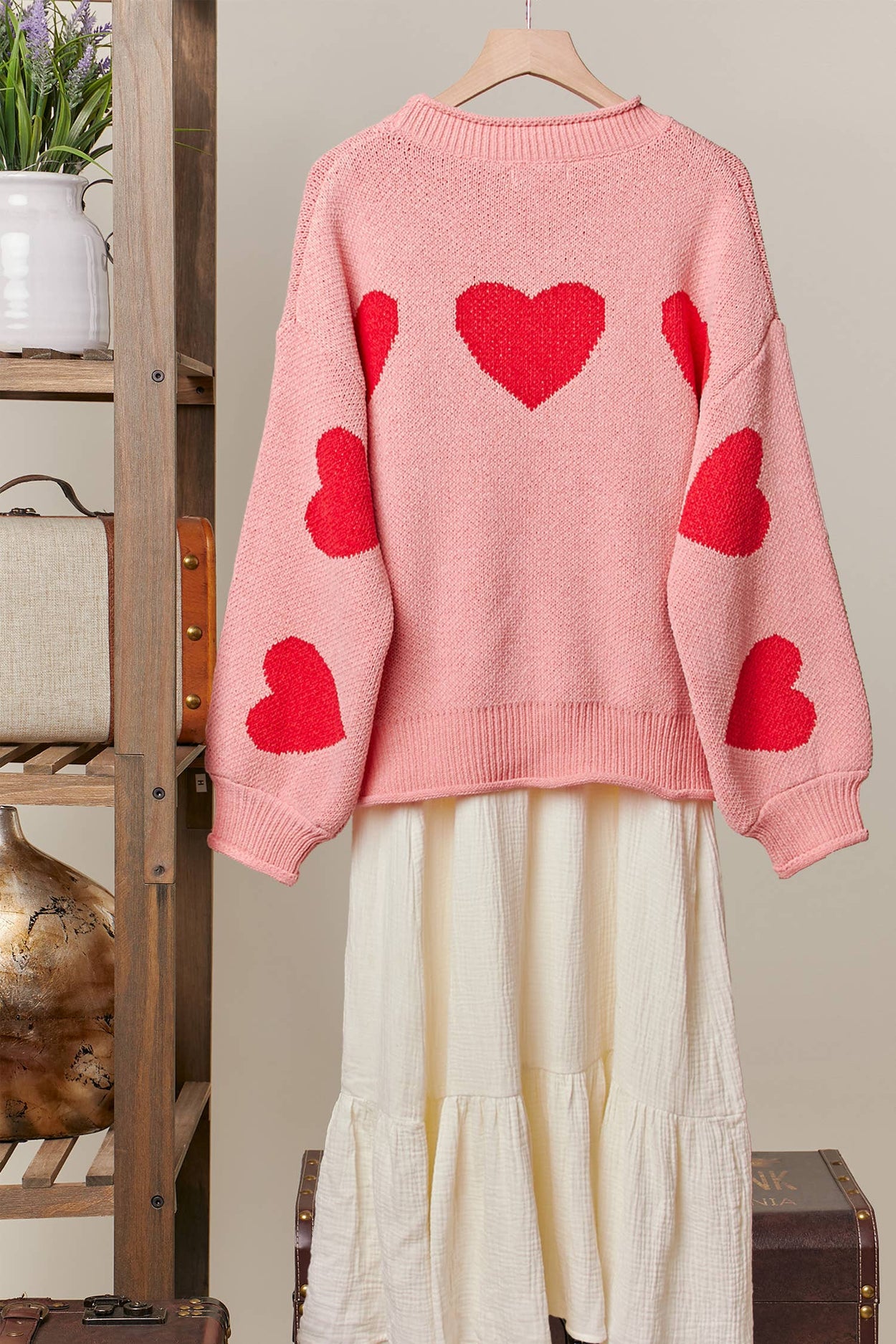 Pink Heart Patched Loose Fit Sweater