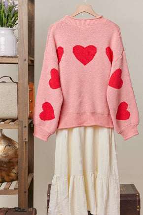 Pink Heart Patched Loose Fit Sweater