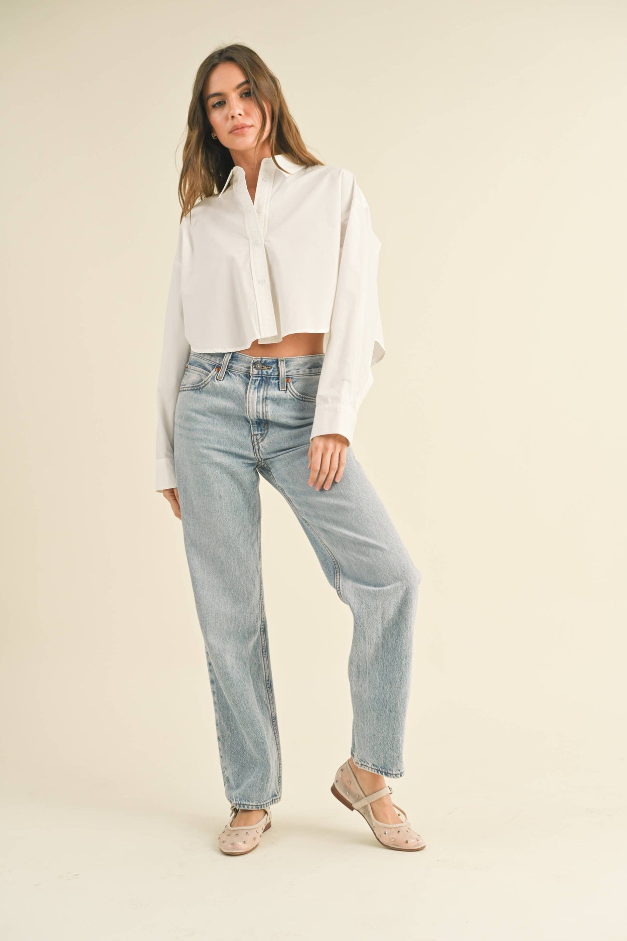 White Cropped Button Down Top