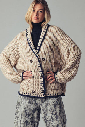 Taupe Chunky Knit Oversized Contrast Cardigan