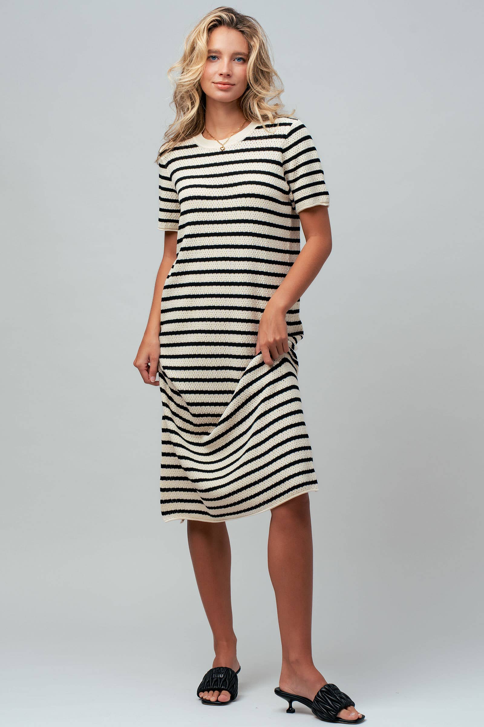 Ivory & Black Striped Crochet Knit Dress