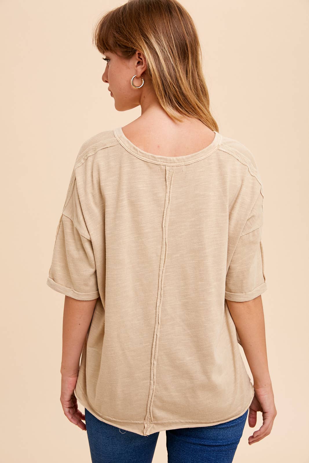 Beige Garment Washed Short V-Neck Tee