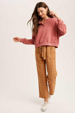 Deep Rose Henley Button Soft Knit Top