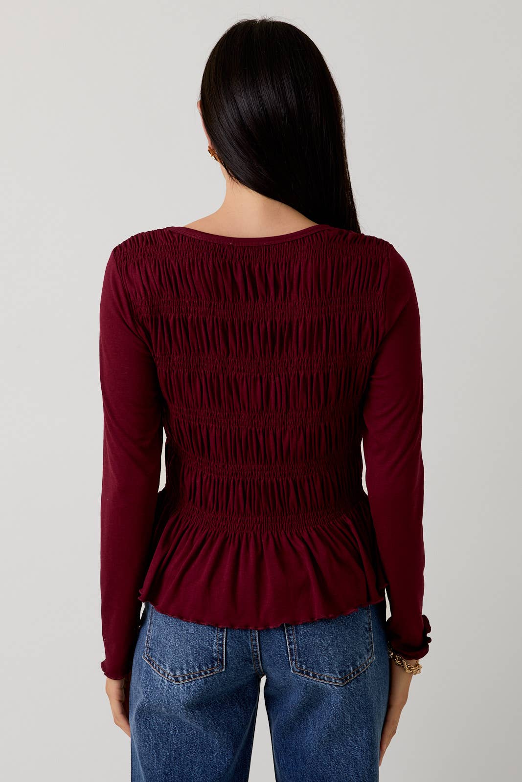 Burgundy Round Neck Long Sleeve Smocked Top