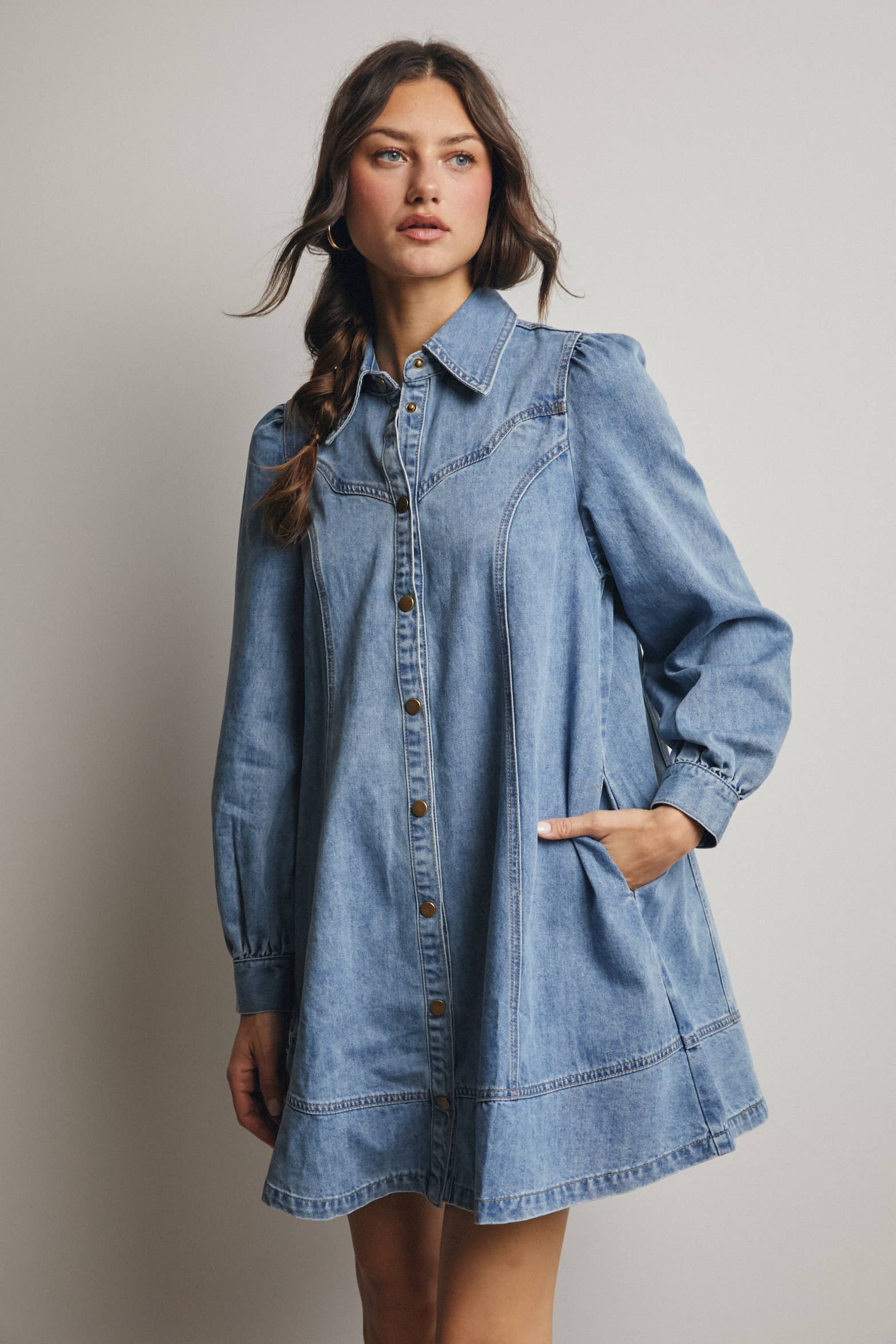Sun Washed Blue Western Seam Denim Mini Dress