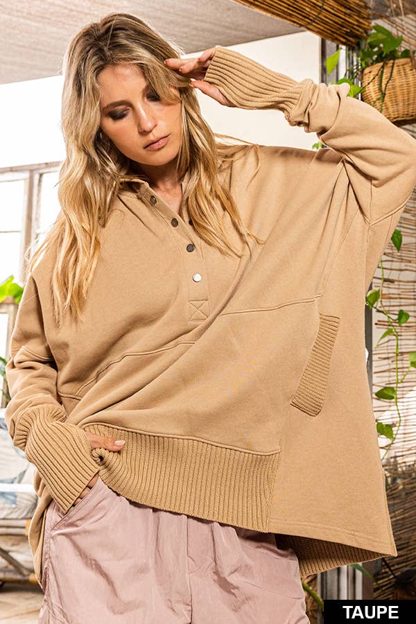 Cream French Terry Oversized Solid Hoodie Top