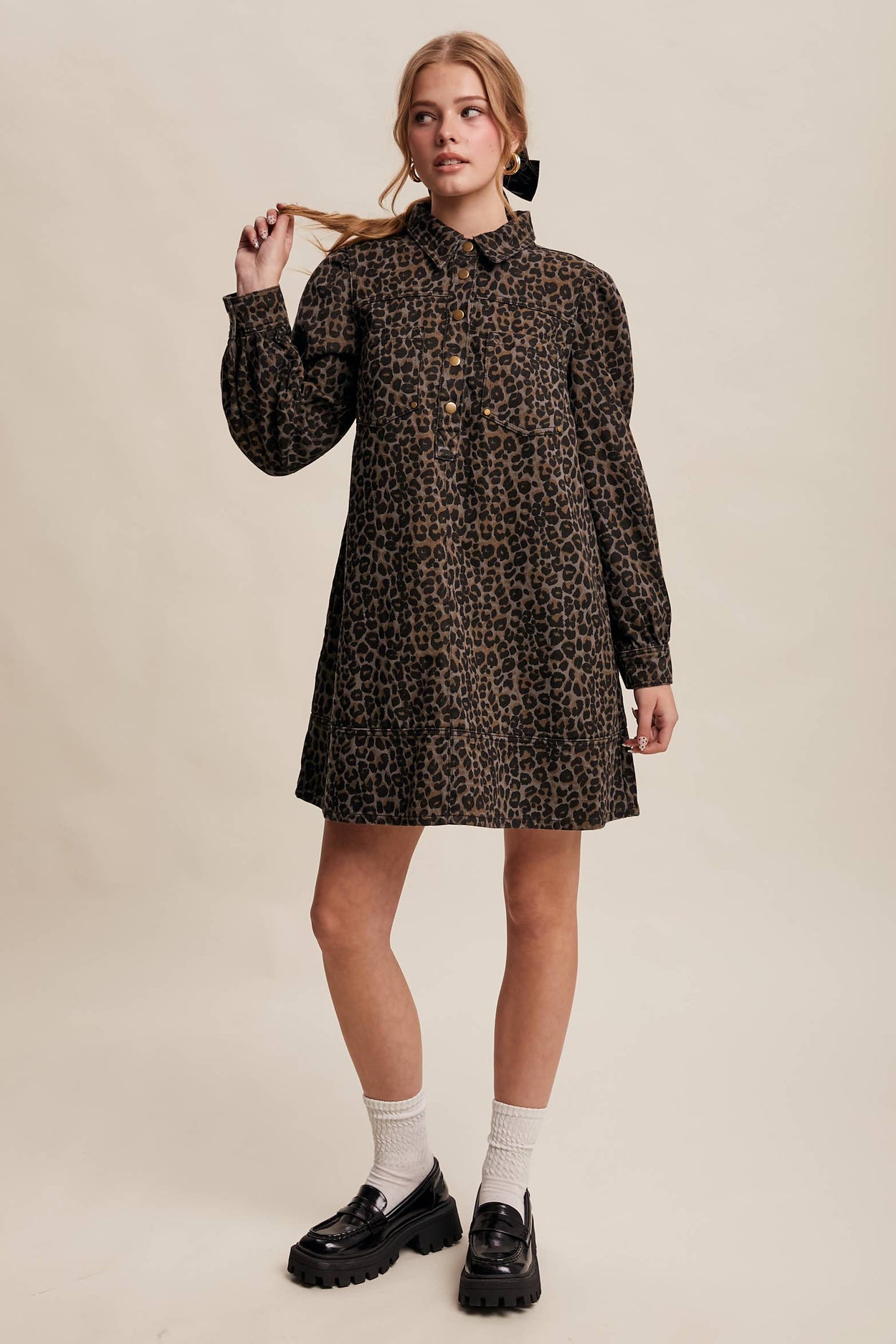 Charcoal Leopard Denim Shirt Dress