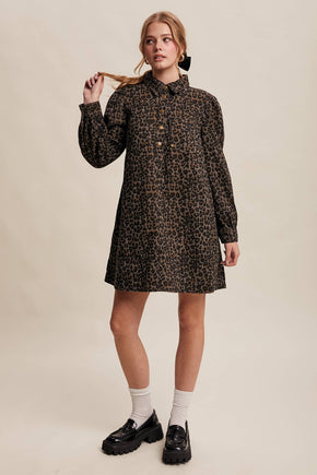 Charcoal Leopard Denim Shirt Dress