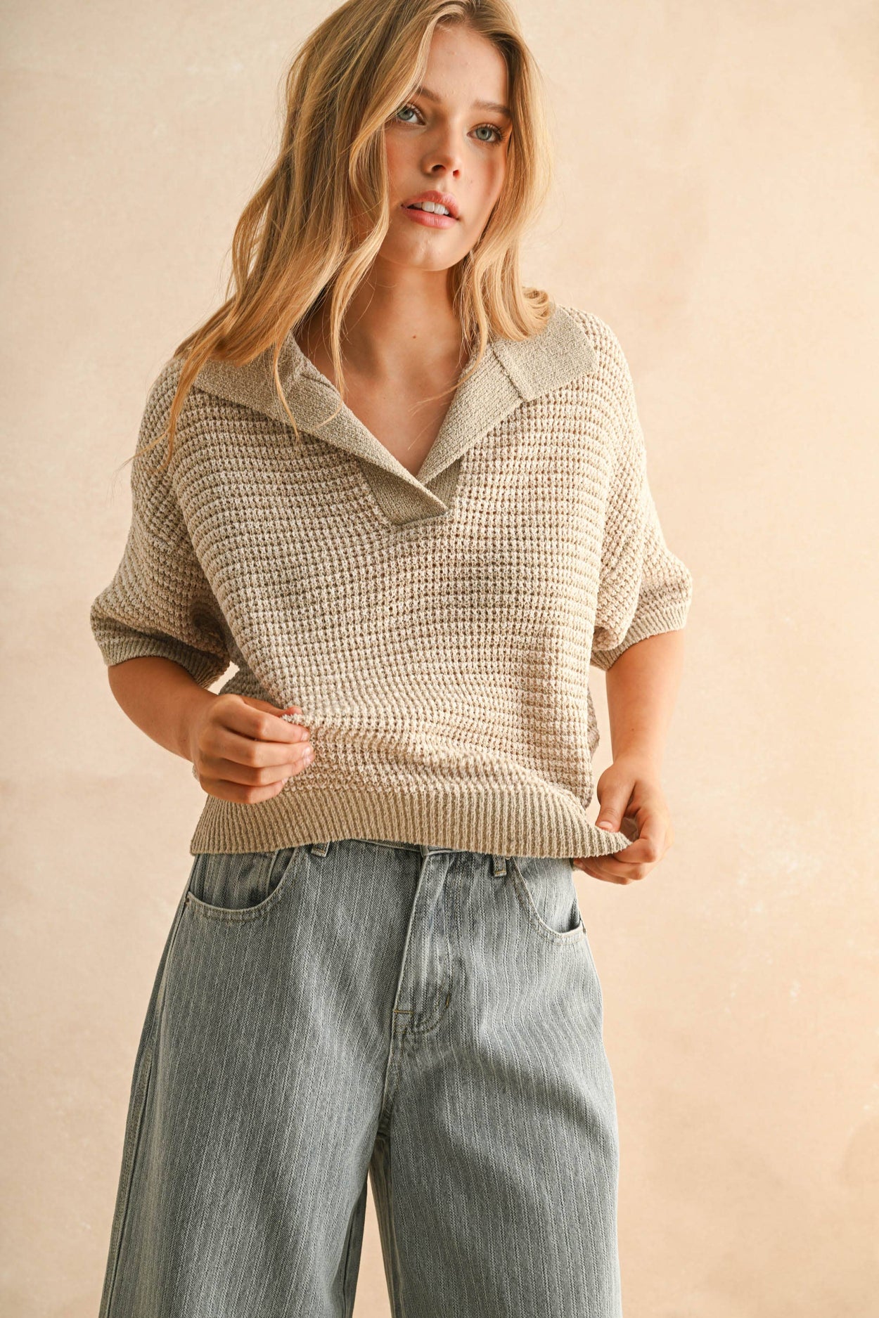 Taupe Collared Knitted Top
