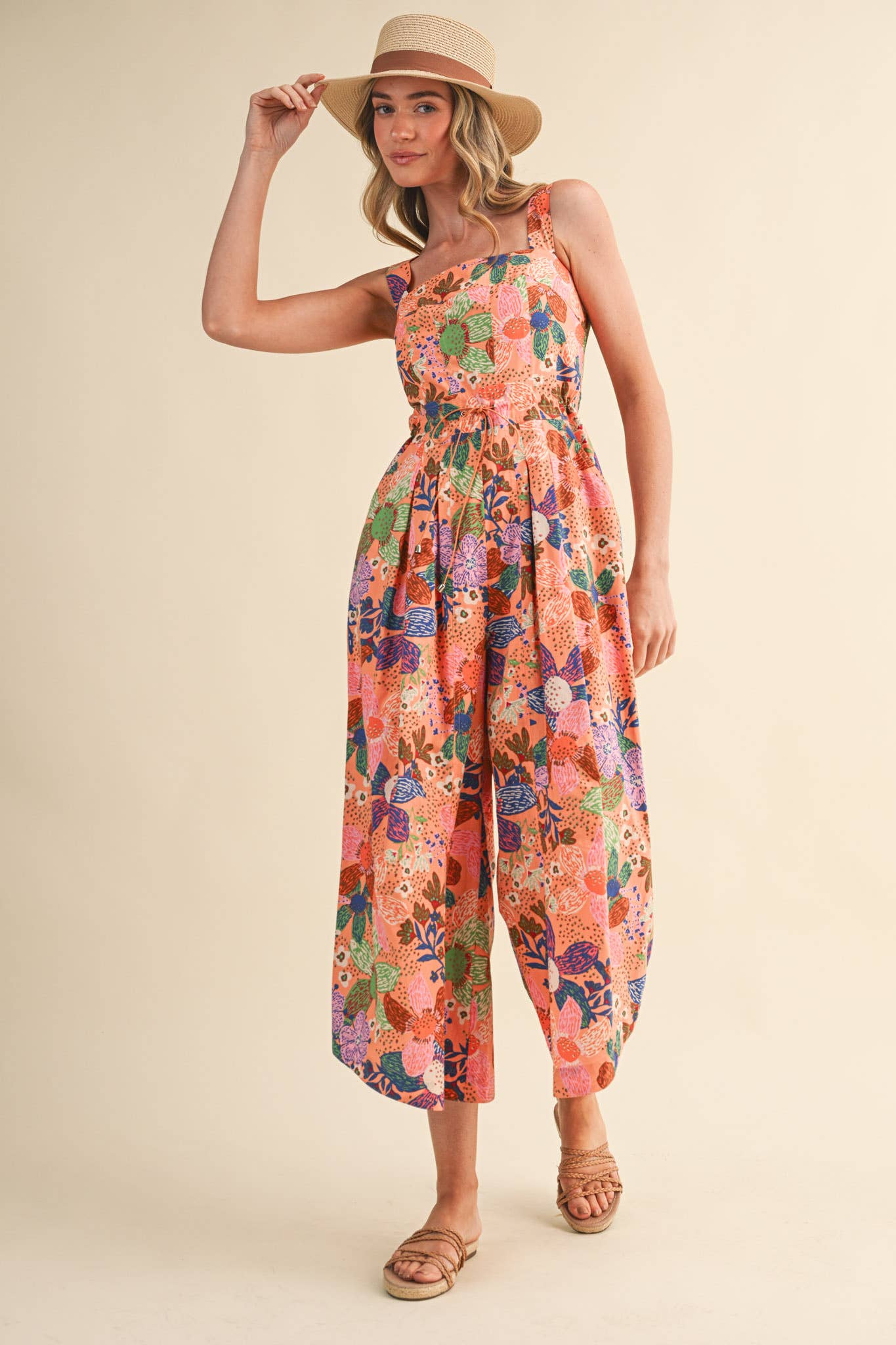 Coral Floral Pleated Wide Leg Jumpsuit