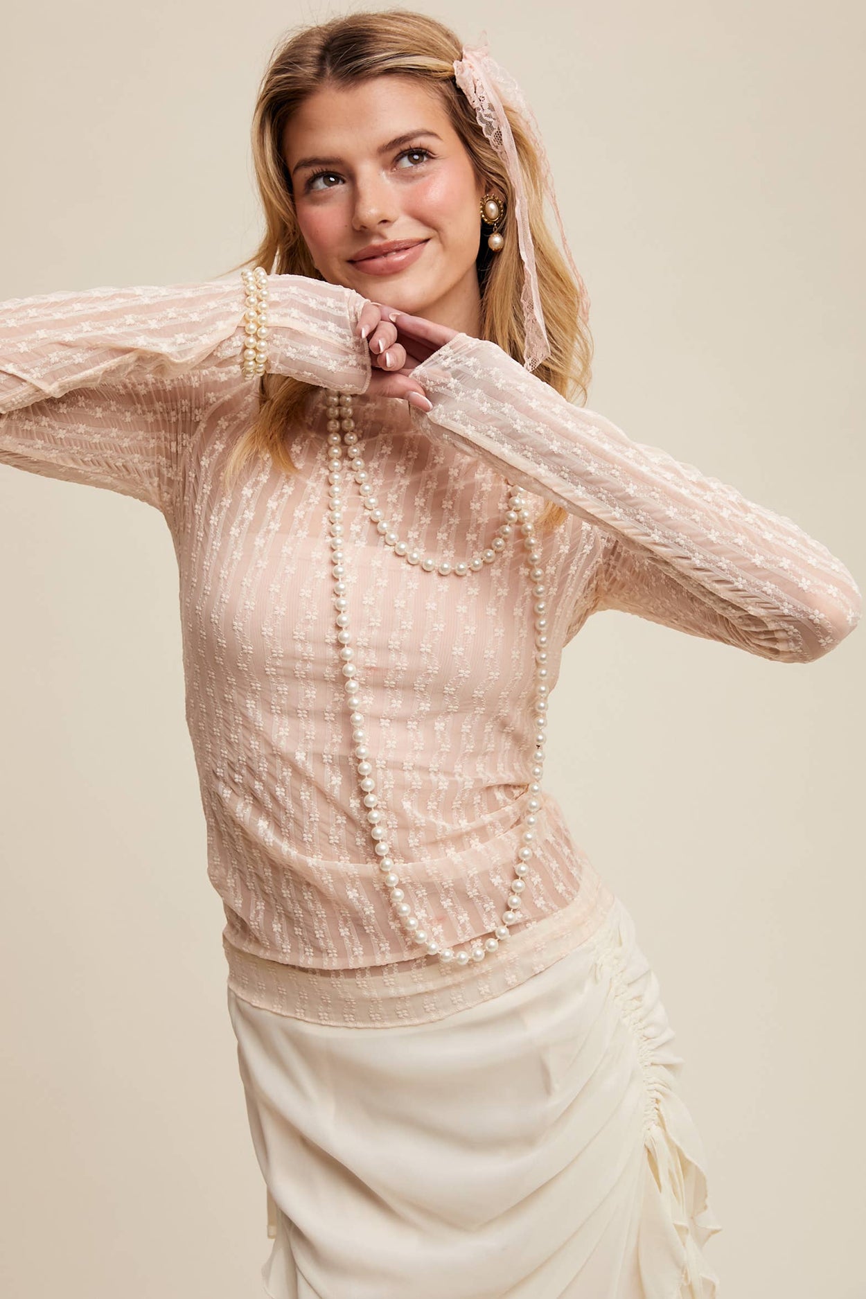 Semi Sheer Textured Lace Long-Sleeve Layering Top