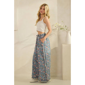 Light Denim Boho Floral Garden Denim Pants