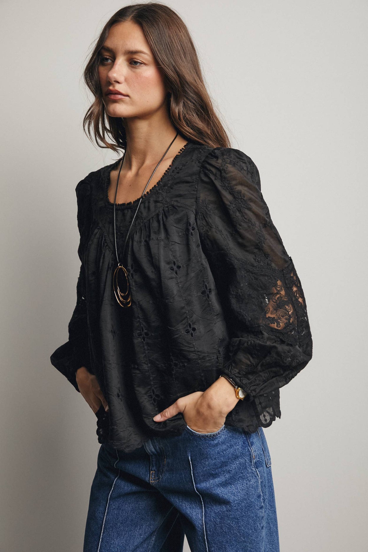 Black Embroidered Lace Puff Sleeve Blouse