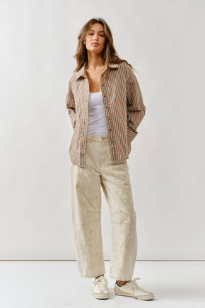 Beige Embroidered Cotton Pants