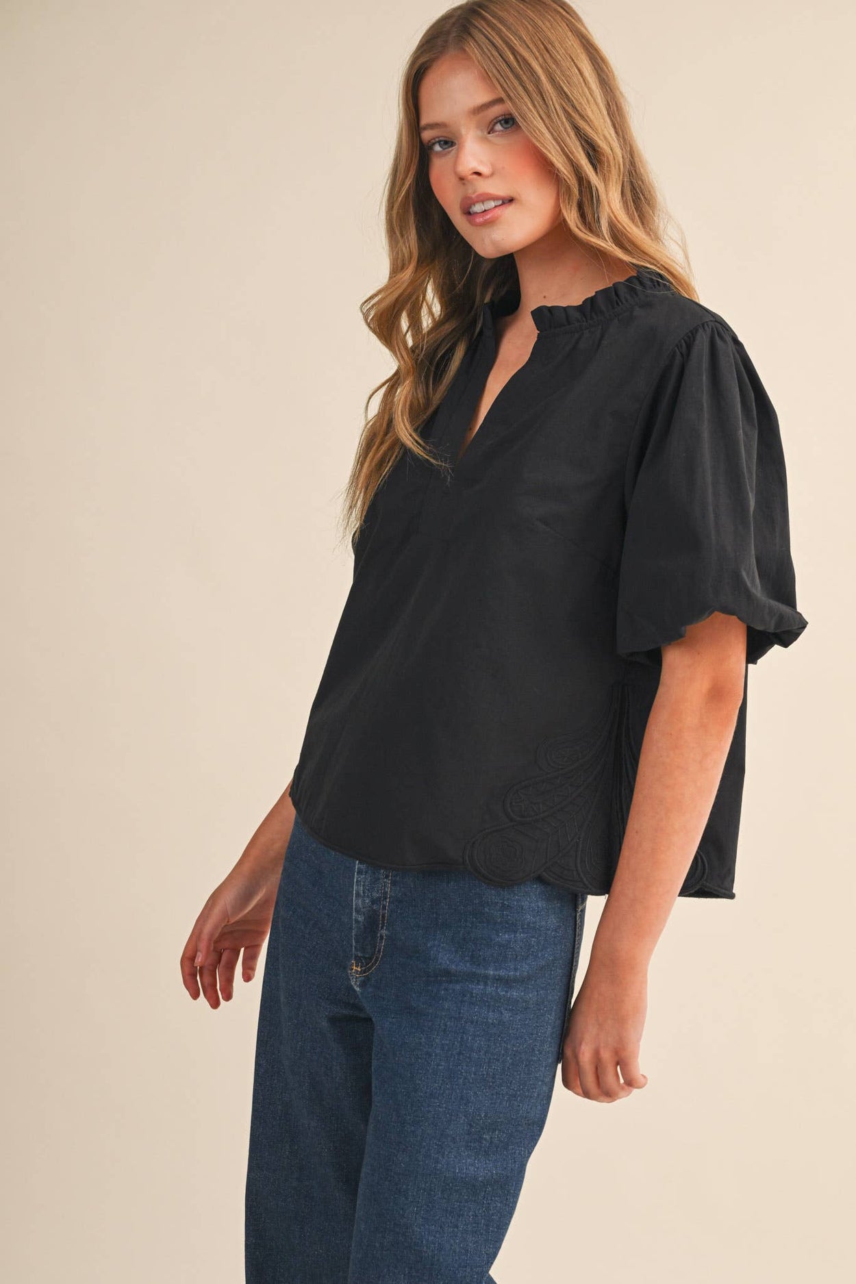Black Bubble Sleeve Top