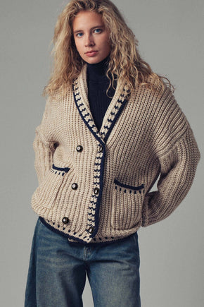 Taupe Chunky Knit Oversized Contrast Cardigan