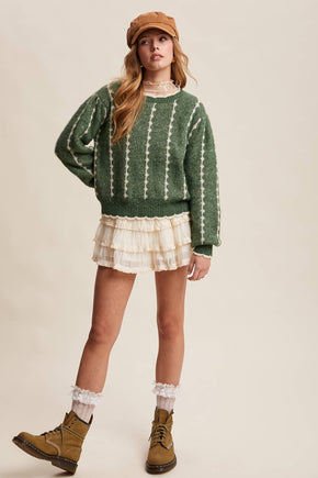 Green Textured Jacquard Knit Crew Sweater