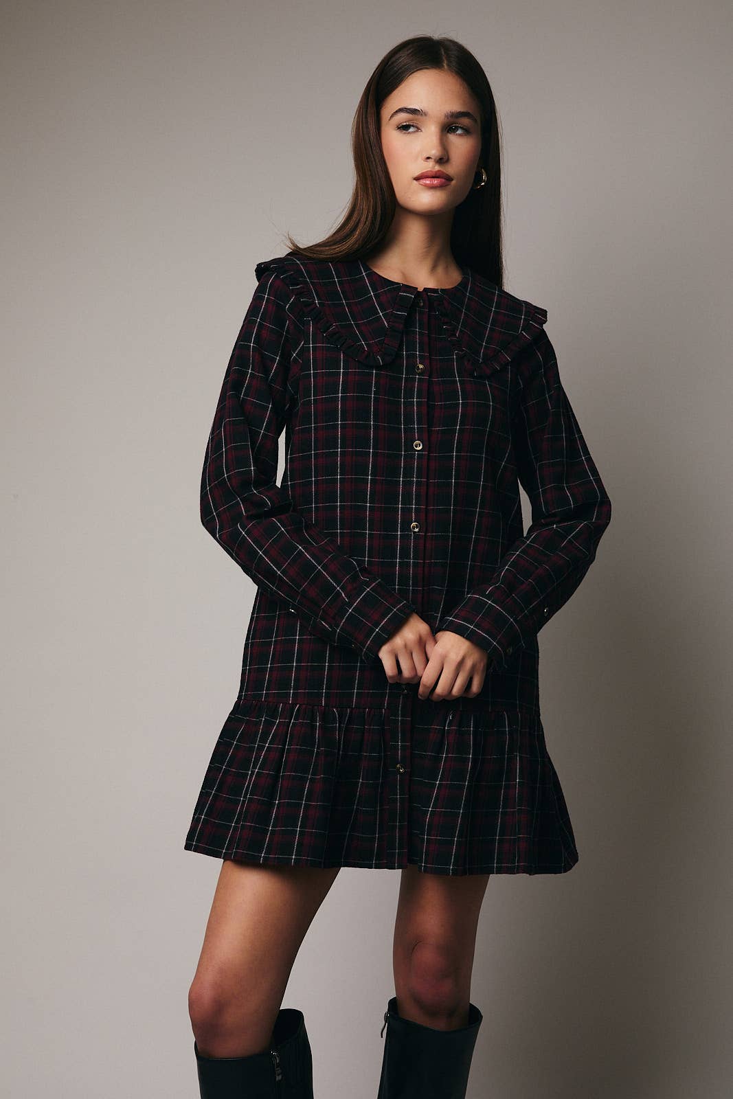 Black Burgundy Plaid Long Sleeve Shirt Mini Dress
