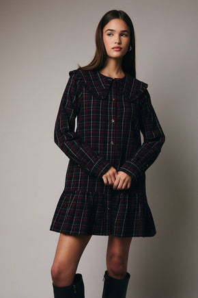 Black Burgundy Plaid Long Sleeve Shirt Mini Dress