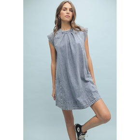 Denim Pleated Detail Mini Dress