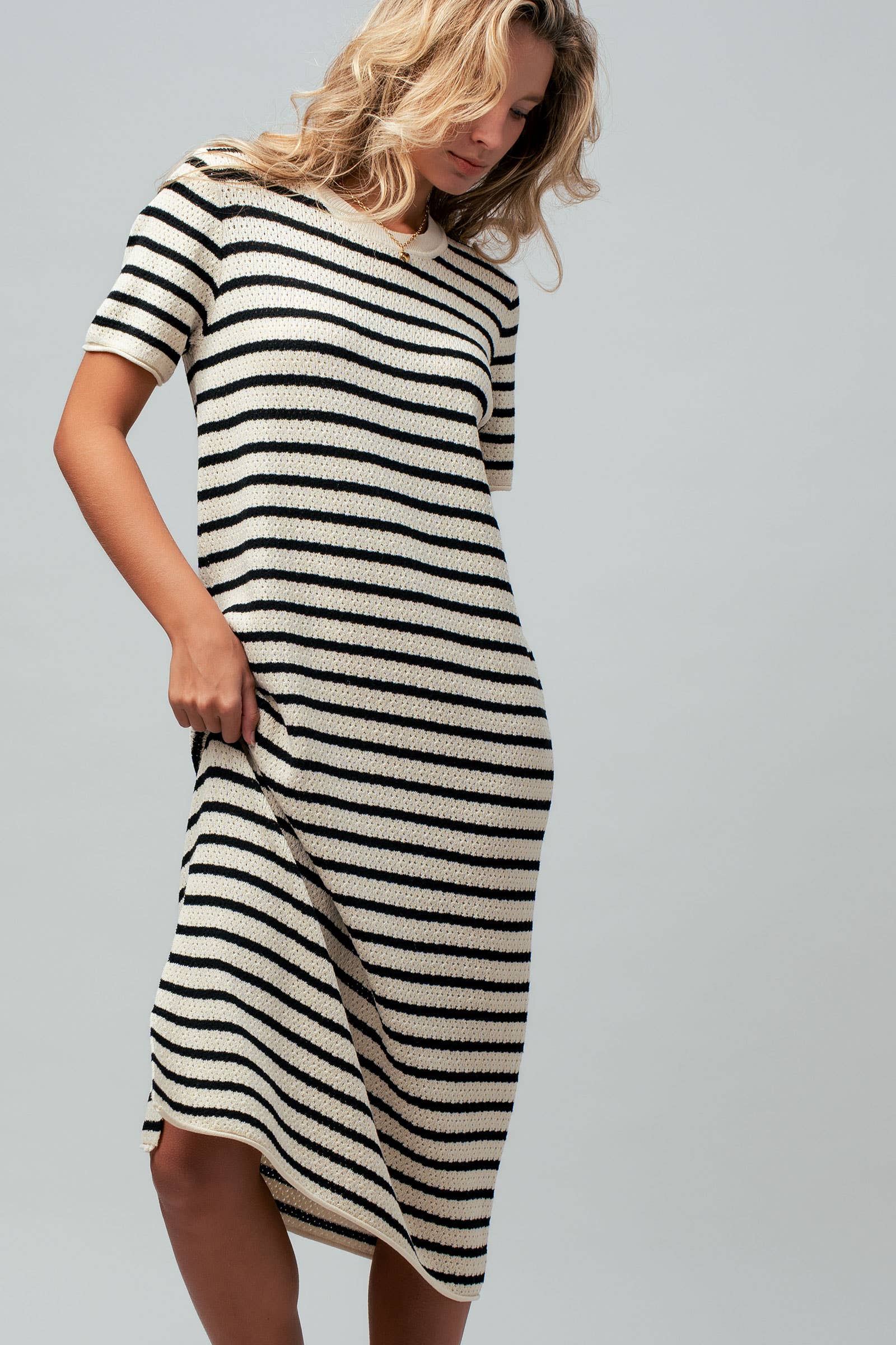 Ivory & Black Striped Crochet Knit Dress