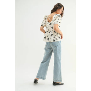 White & Black Textured Floral Puff Sleeve Blouse