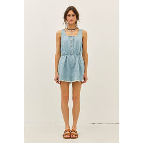 Denim Romper With Distressed Detailing