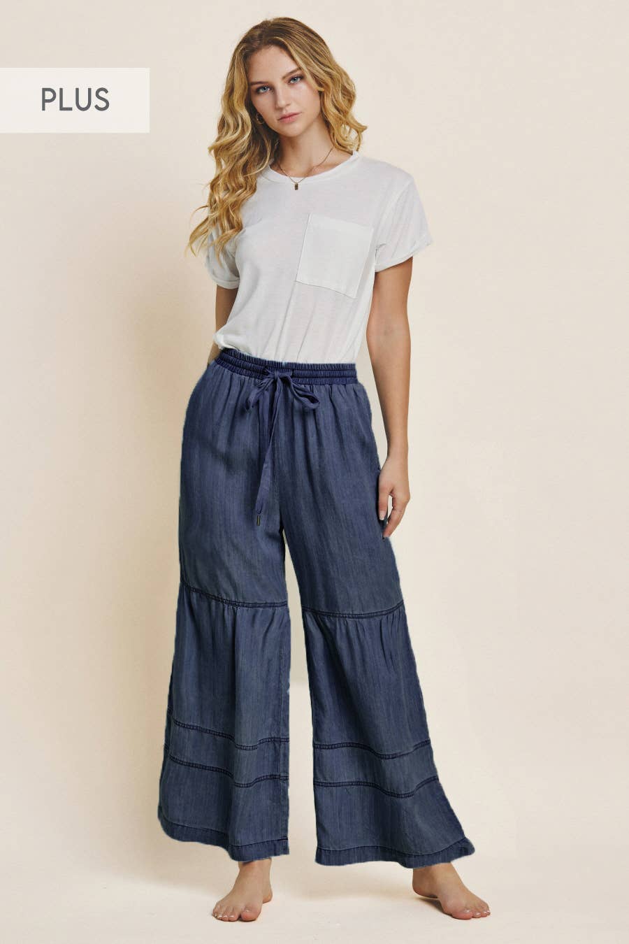Plus Dark Washed Tiered Wide Leg Denim Pants