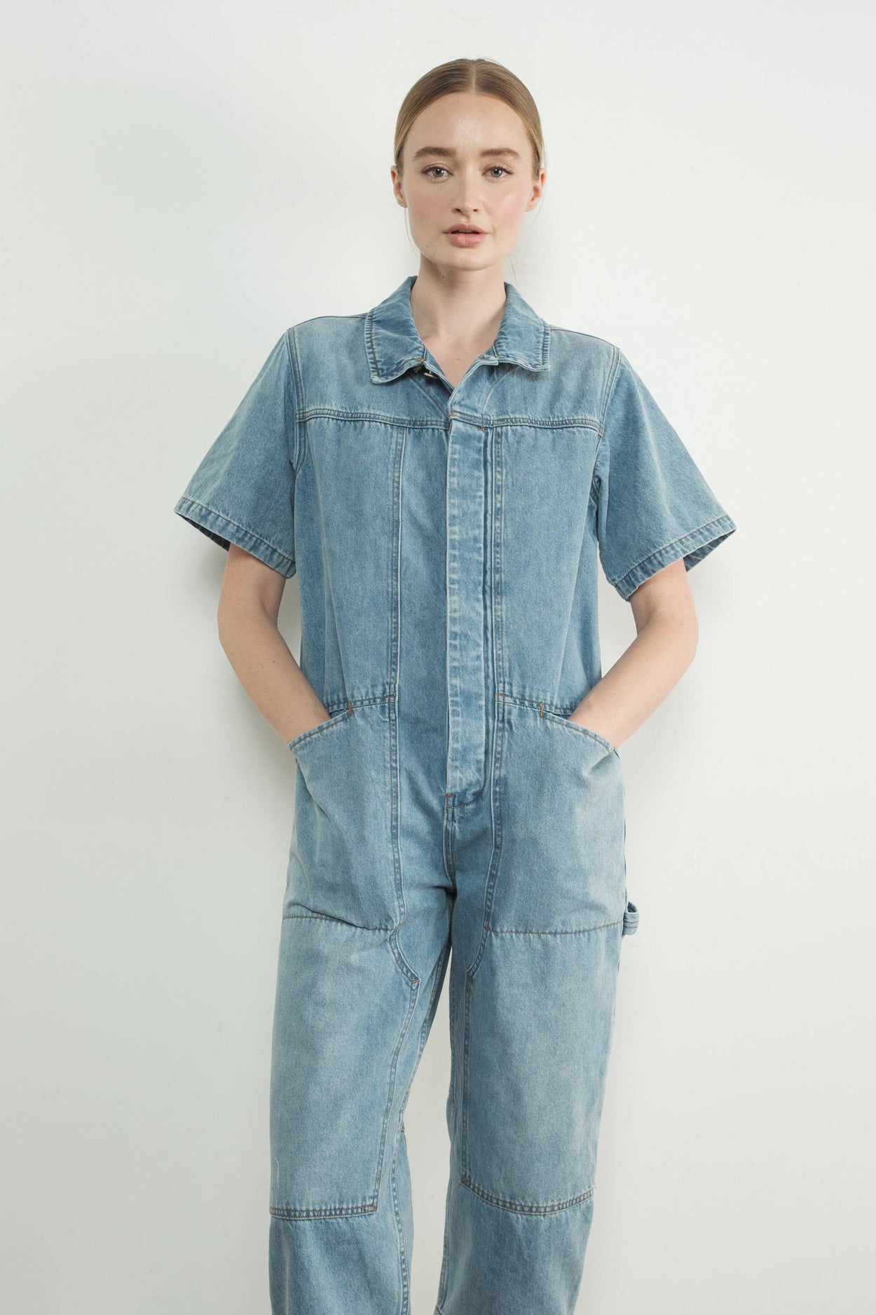 Light Wash Denim Collared Jumpsuit