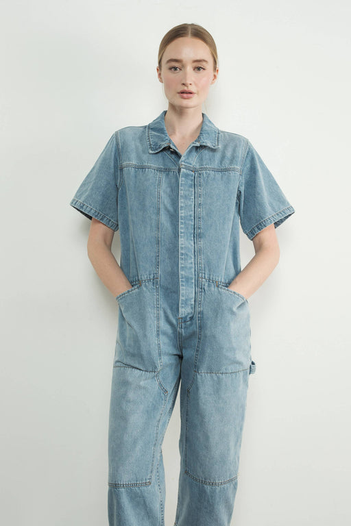 Light Wash Denim Collared Jumpsuit